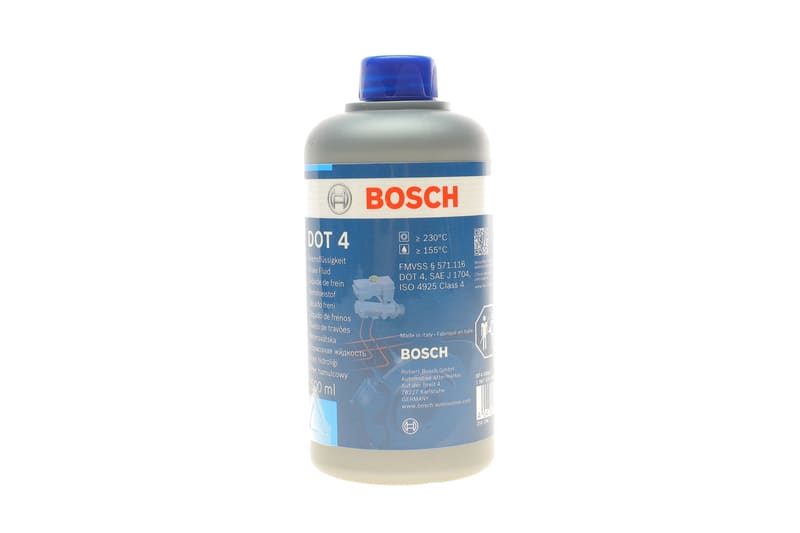Рідина гальмівна DOT4 (0.5L) (Темп. кипіння гальмівної рідини на момент постачання [°C] 230, Специфікація за DOT DOT 4, Тип паковання Пляшка, Температура кипіння зволоженої гальмівної рідини [°C] 155, Місткість [л] 0,5) BOSCH