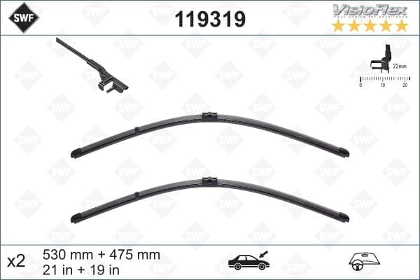 Щітки склоочисника (530/475мм) VW Golf IV/Bora/Polo 97- (Сторона монтажу спереду, Кількість 2, Виконання двірника Безкаркасний двірник, Довжина 2 [мм] 475, Довжина 1 [мм] 530) SWF (Valeo)